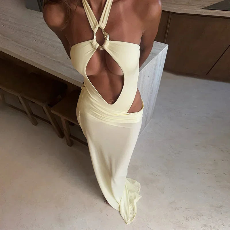 Summer Skirt Two Piece Set Women Fashion Hollow Out Halter Bodysuit And Maxi Skirt Female Elegant Beach Two Piece Set