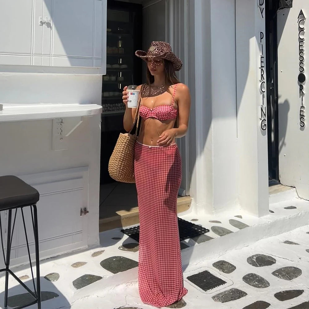 Plaid 3 Pieces Bikini 2025 Sexy Women Swimsuit Swimwear Female Dress Cover Up Bikini Set Beachwear Bathing Suit Swimming Suit