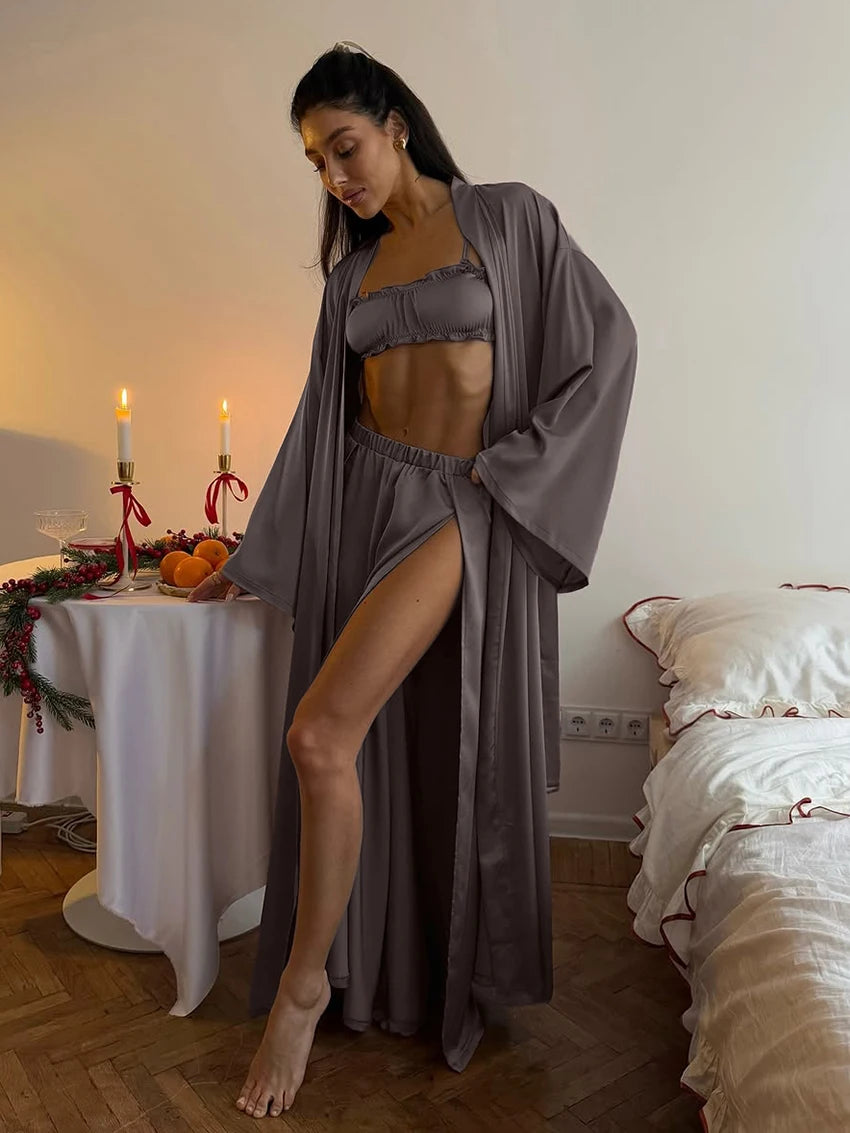 Marthaqiqi Casual Ladies Nightwear Suit Sexy V-Neck Robe Long Sleeve Nightgown Tank Top Sleepwear Pants Loose Pajama 3 Piece Set