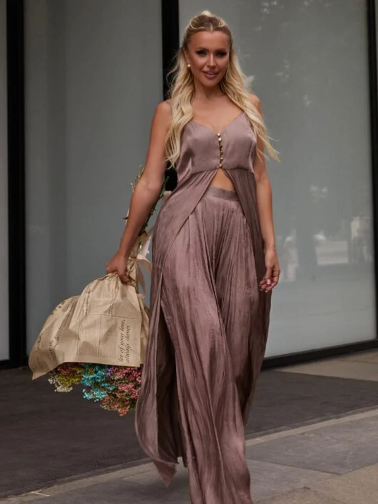 Spaghetti strap Long Top Pants Suits Women Sexy V-neck Sleeveless Backless Patchwork Tops Wide Leg Trousers Chic Ladies Outfits