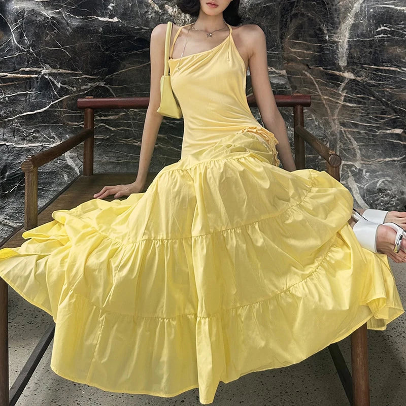 Sexy Suspender Sleeveless Backless Evening Dress Leisure Ruffles Spliced Long Dress Summer Leisure Vacation Solid Party Dresses