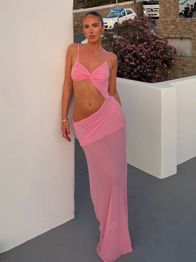 Solid Irregular Pleated Maxi Dress Women Sexy V-neck See Through Midriff-baring Slim Long Dresses 2025 Lady Evening Party Gowns