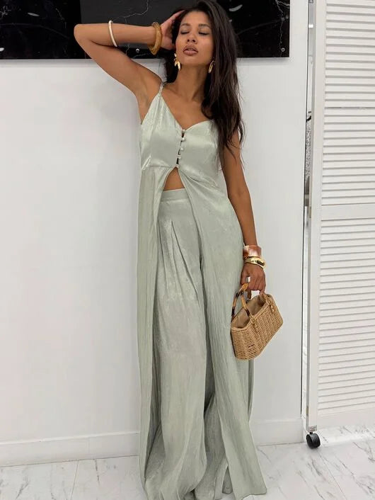 Spaghetti strap Long Top Pants Suits Women Sexy V-neck Sleeveless Backless Patchwork Tops Wide Leg Trousers Chic Ladies Outfits