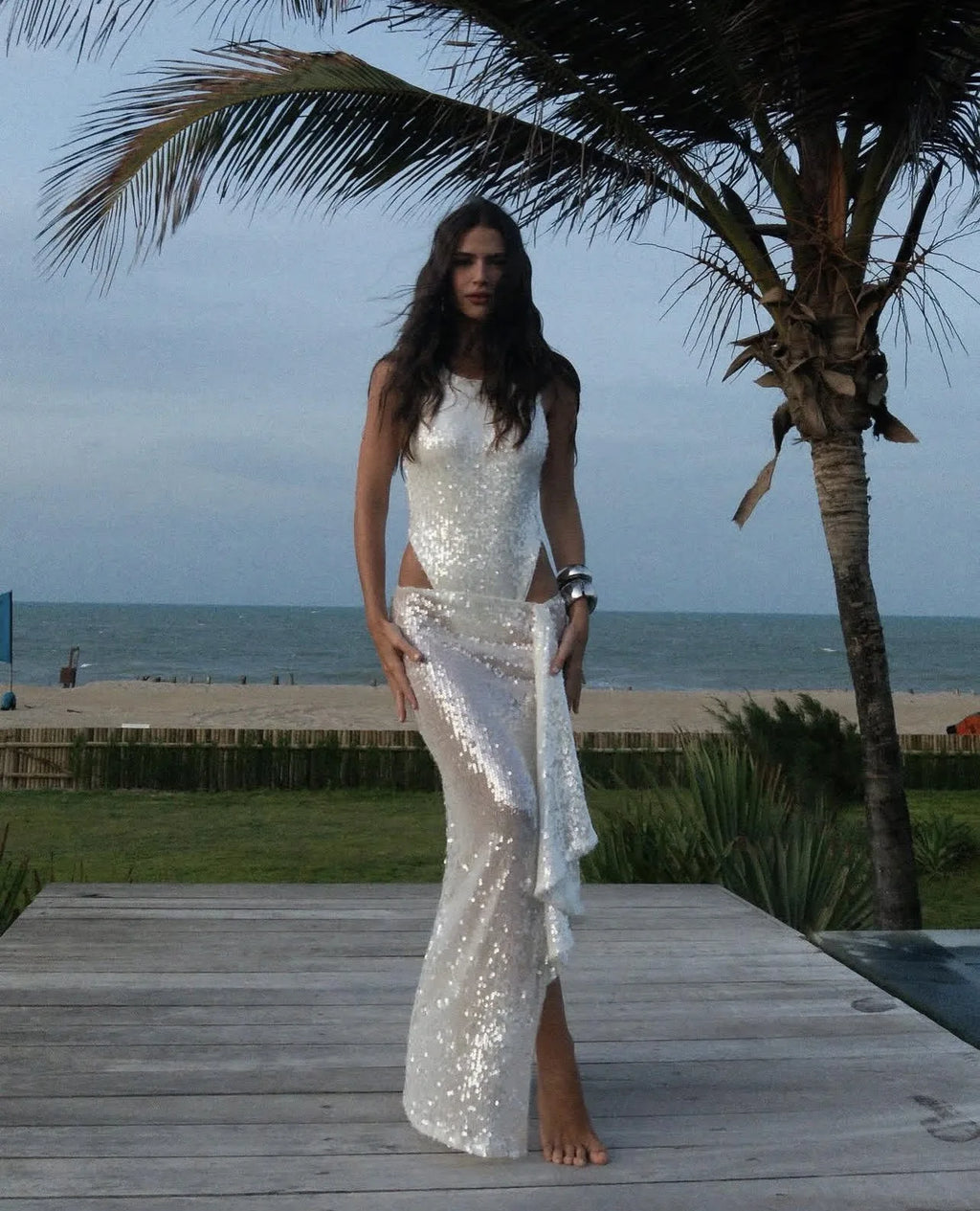 Women Sequined Jumpsuits Ruched Skirts Sets Sexy O-neck Sleeveless Bodysuit High Split Skirt 2 Piece Sets Holiday Beach Outfits