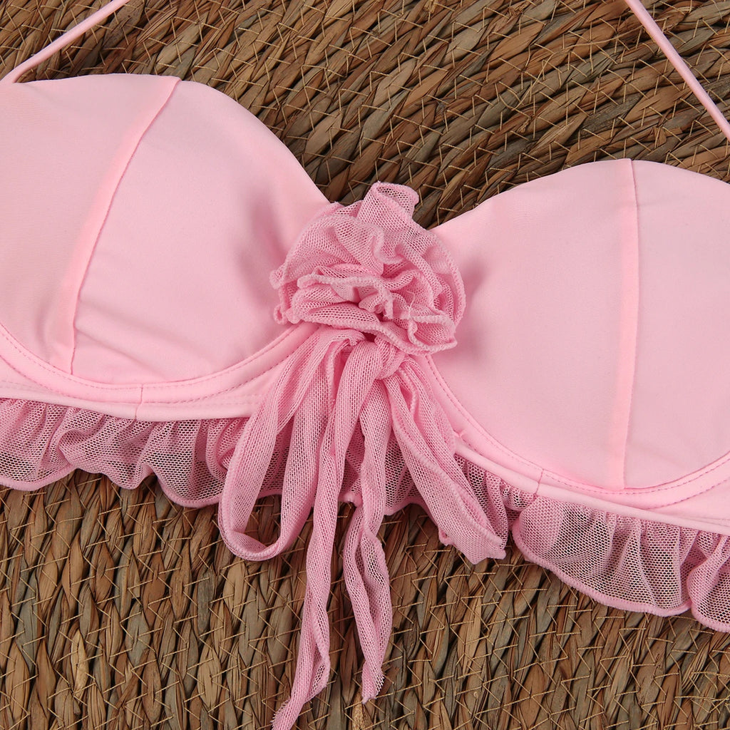 Sexy 3 pieces Bikinis 2024 Swimsuit For Women Swimwear Brazilian Bikini Set Biquini Female Swimuits Bandeau Pink Beachwear