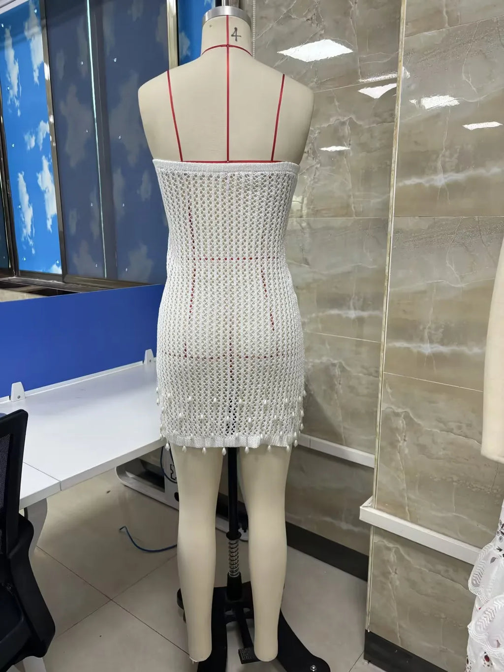 Combhasaki Women Crochet Slim Fit Hollow Out See-through Strapless Backless Short Mini Bodycon Knitted Dress with Pearl Tassels