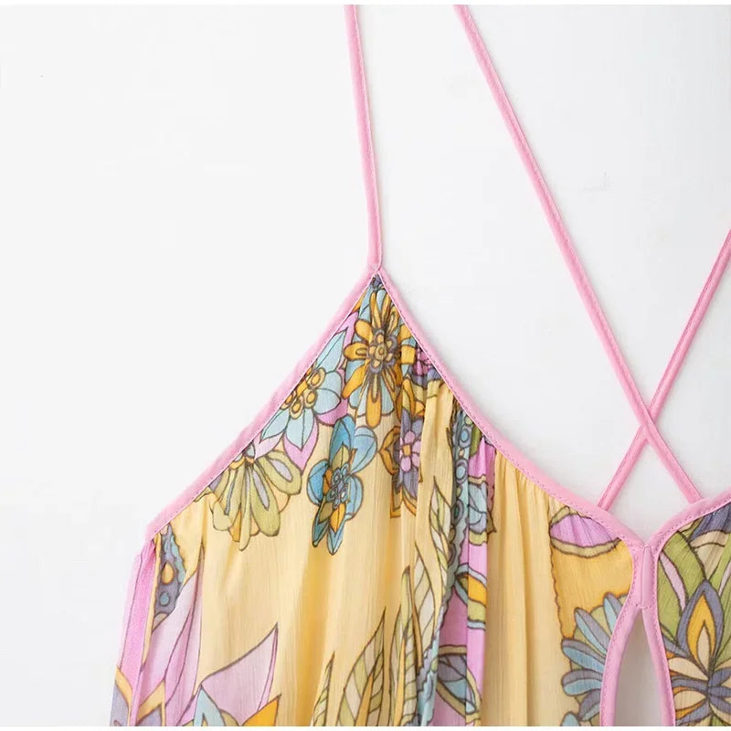 Floral Print Women's Dress Boho Sling V-neck Sleeveless Backless Straight Female Dresses 2025 Summer Elegant Vacation Lady Robes