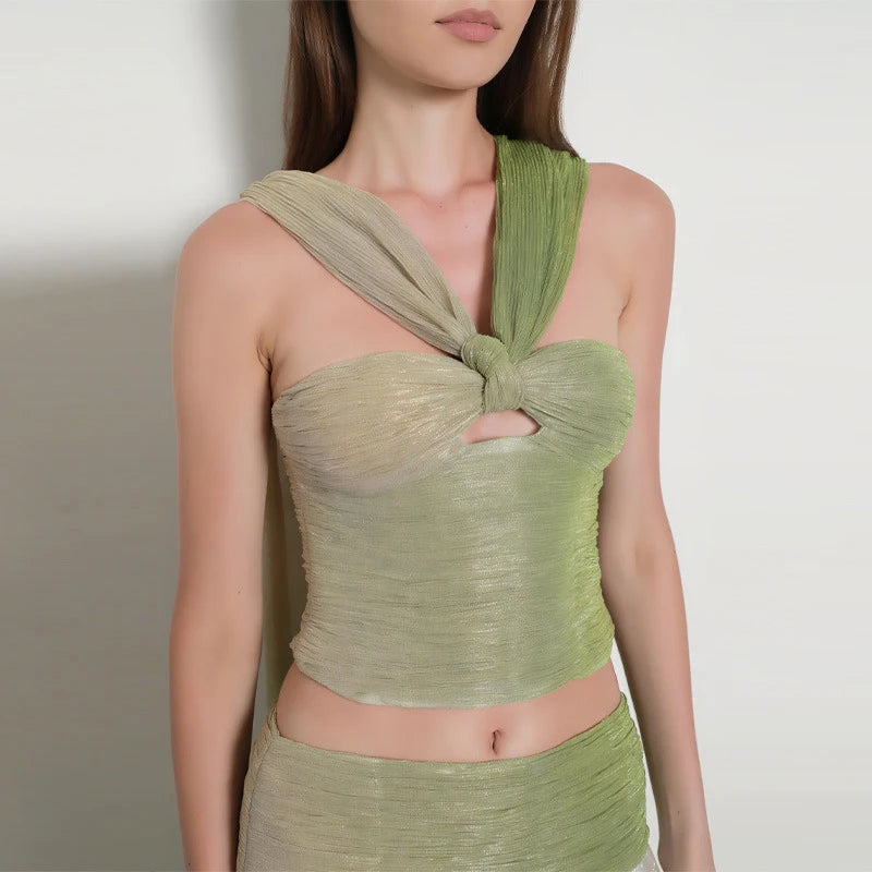 Sexy Halter Tops and Long Skirts Party Outfits Women Fashion Gradient Printed Pleated 2Pc Suit Elegant Sleeveless Backless Sets