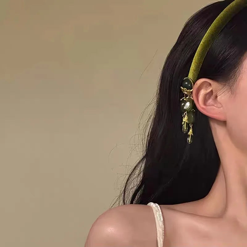 Vintage Fringe Headband Olive Green New Chinese Headclip Women's Fake Earrings Elegant Headwear Hair Accessories
