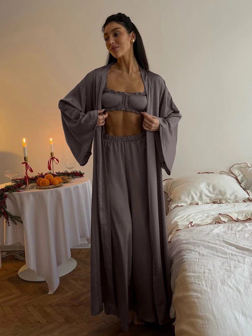 Marthaqiqi Casual Ladies Nightwear Suit Sexy V-Neck Robe Long Sleeve Nightgown Tank Top Sleepwear Pants Loose Pajama 3 Piece Set