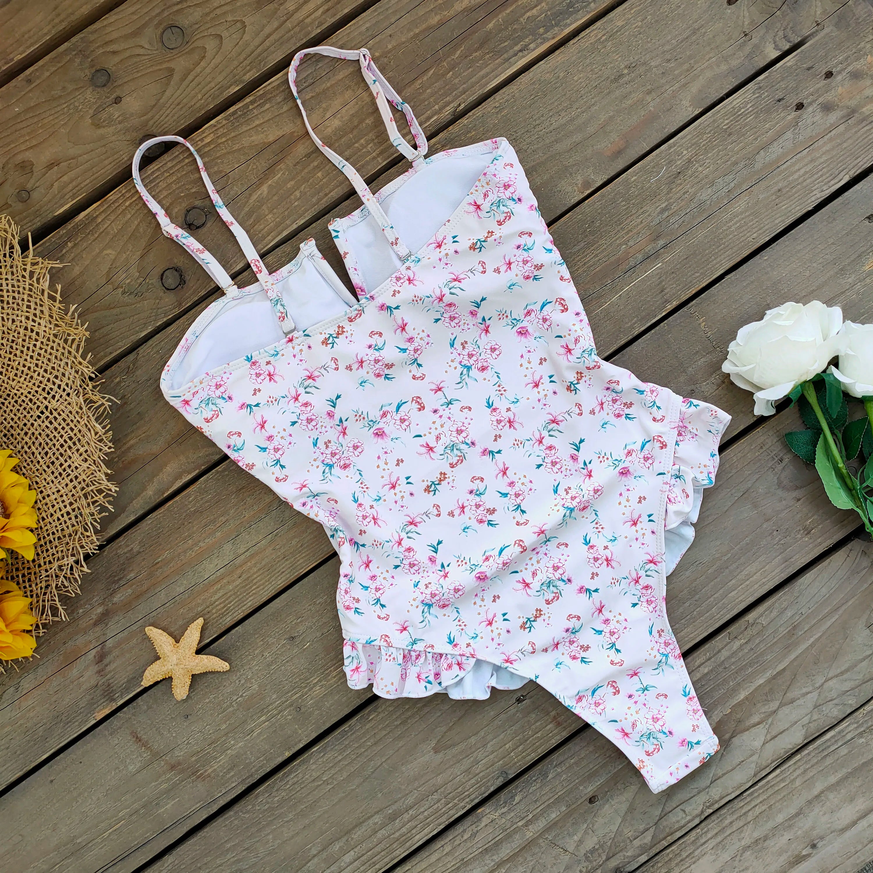 Bandage One Piece Swimsuit Women Swimwear Ruffle Bodysuit Monokini Print Swim Suit Bathing Suit Beachwear