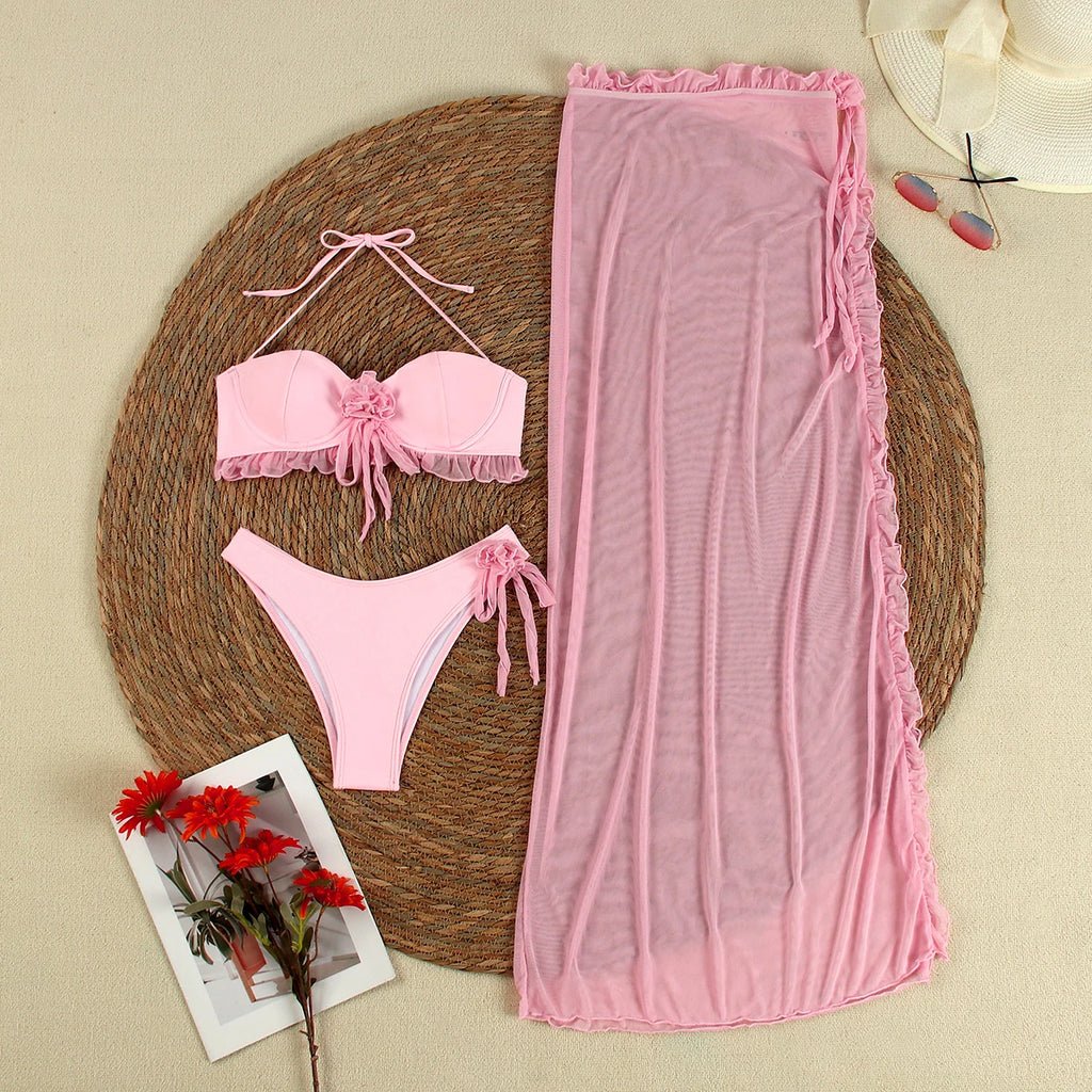 Sexy 3 pieces Bikinis 2024 Swimsuit For Women Swimwear Brazilian Bikini Set Biquini Female Swimuits Bandeau Pink Beachwear