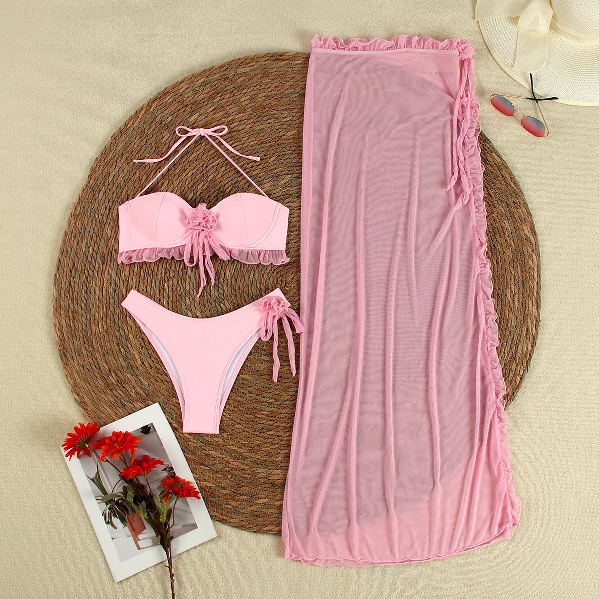 Sexy 3 pieces Bikinis 2024 Swimsuit For Women Swimwear Brazilian Bikini Set Biquini Female Swimuits Bandeau Pink Beachwear