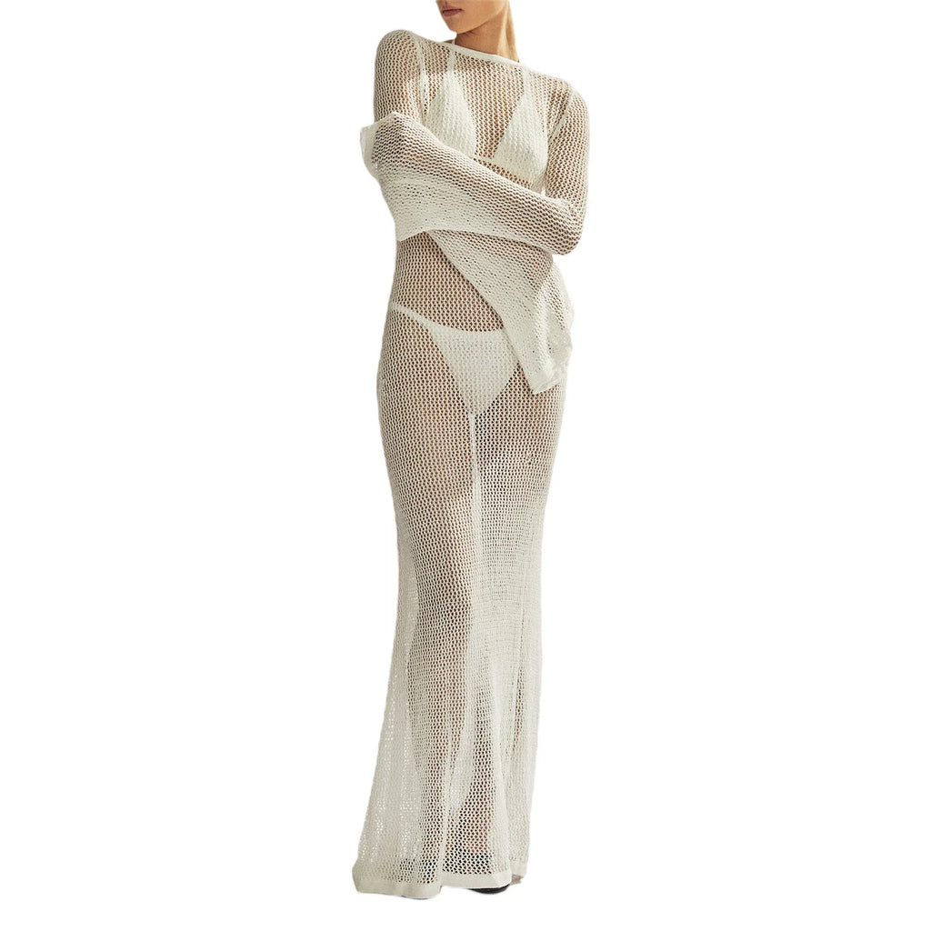 Combhasaki Women's Summer Knitted See-through Beachwear Solid Color Flare Long Sleeve O Neck Hollow Backless Cover Up Long Dress