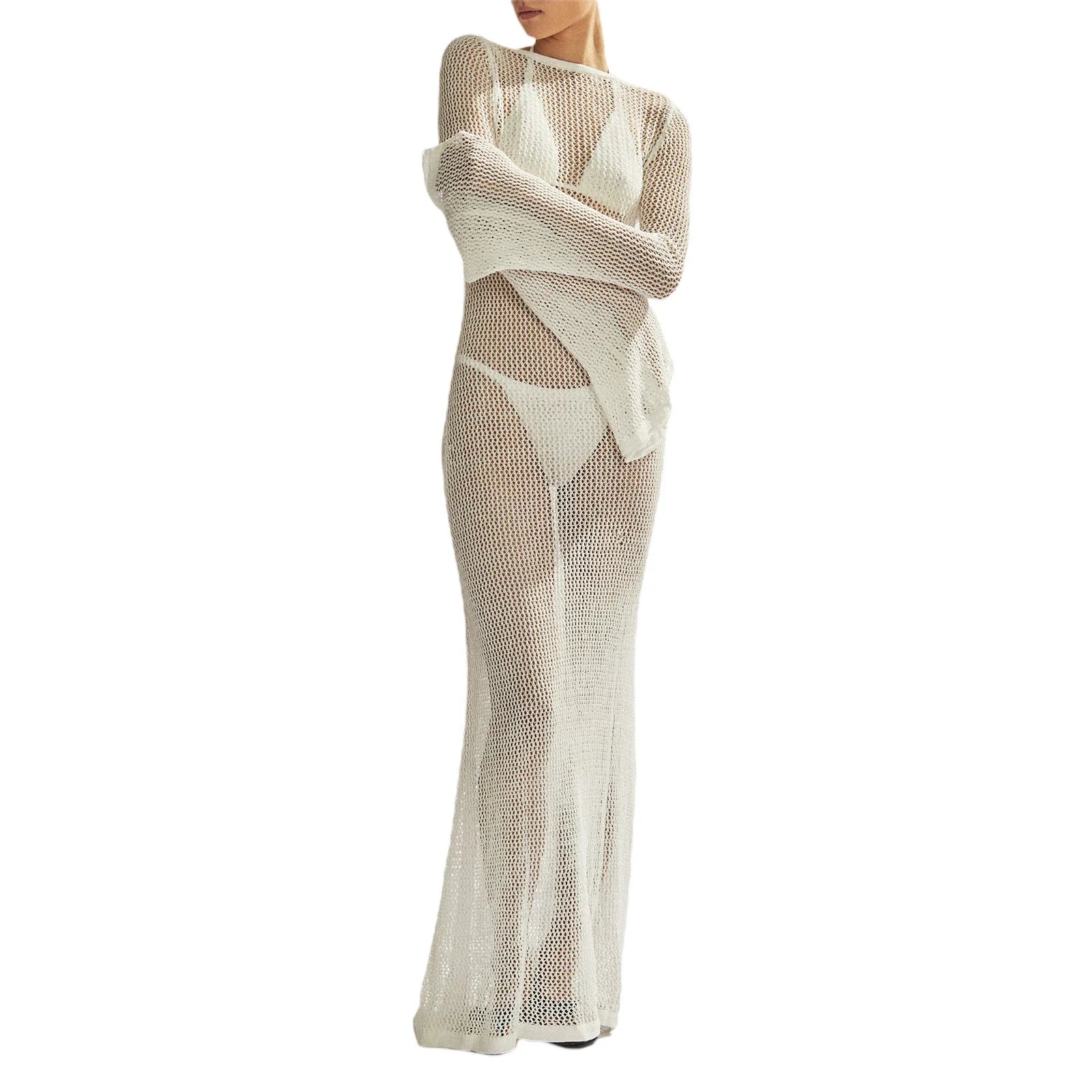 Combhasaki Women's Summer Knitted See-through Beachwear Solid Color Flare Long Sleeve O Neck Hollow Backless Cover Up Long Dress