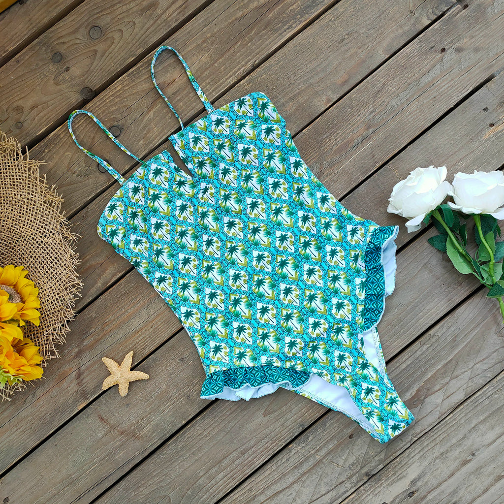 Bandage One Piece Swimsuit Women Swimwear Ruffle Bodysuit Monokini Print Swim Suit Bathing Suit Beachwear