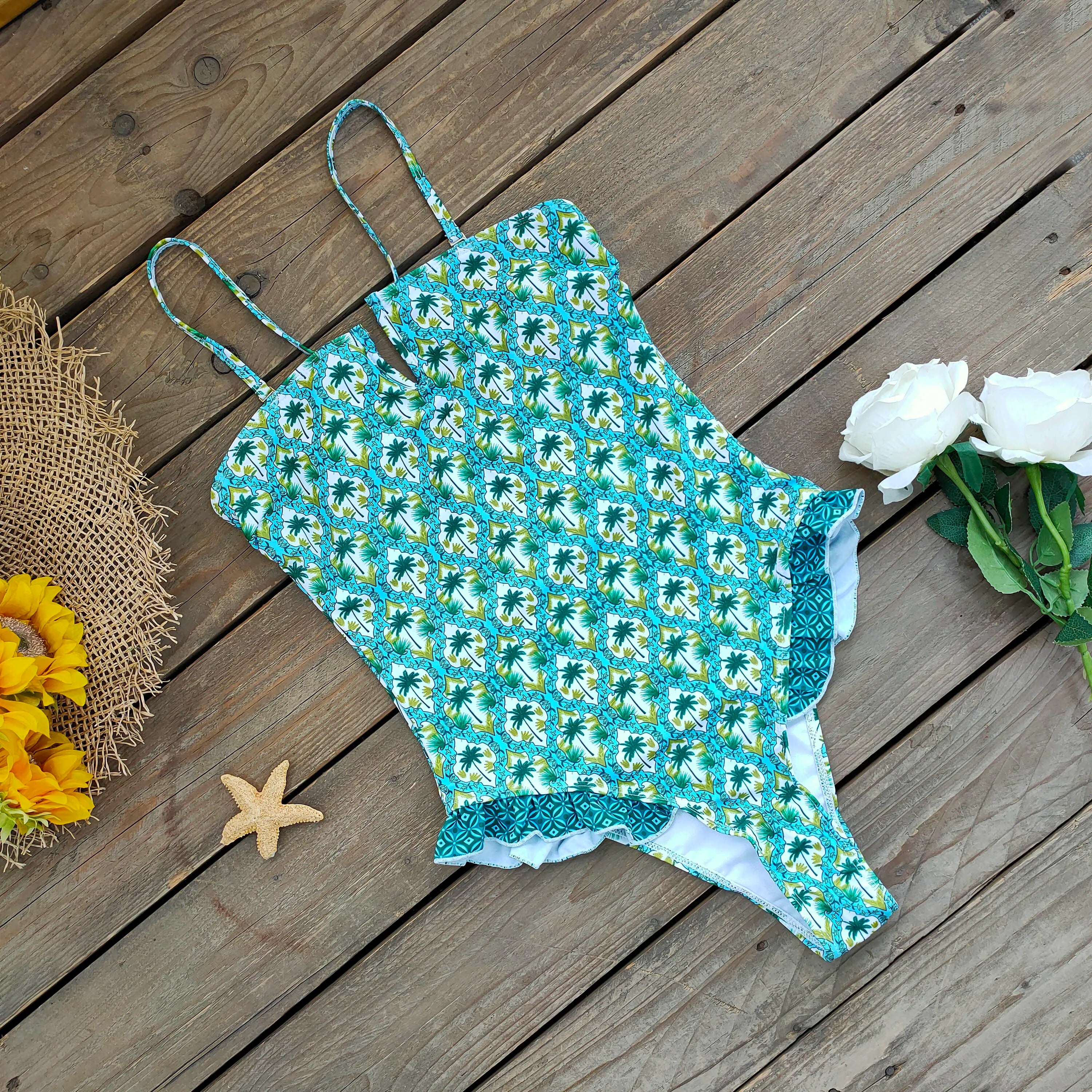 Bandage One Piece Swimsuit Women Swimwear Ruffle Bodysuit Monokini Print Swim Suit Bathing Suit Beachwear