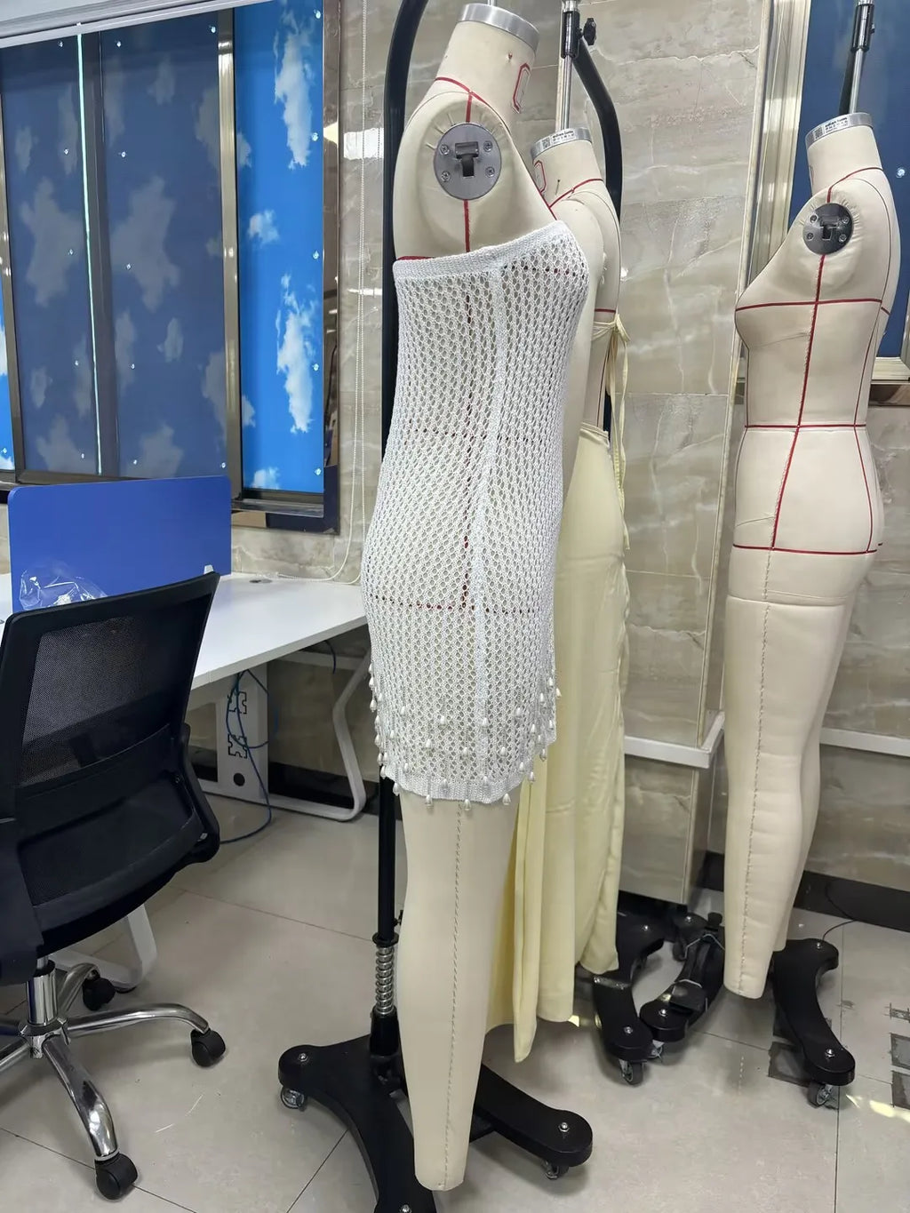 Combhasaki Women Crochet Slim Fit Hollow Out See-through Strapless Backless Short Mini Bodycon Knitted Dress with Pearl Tassels