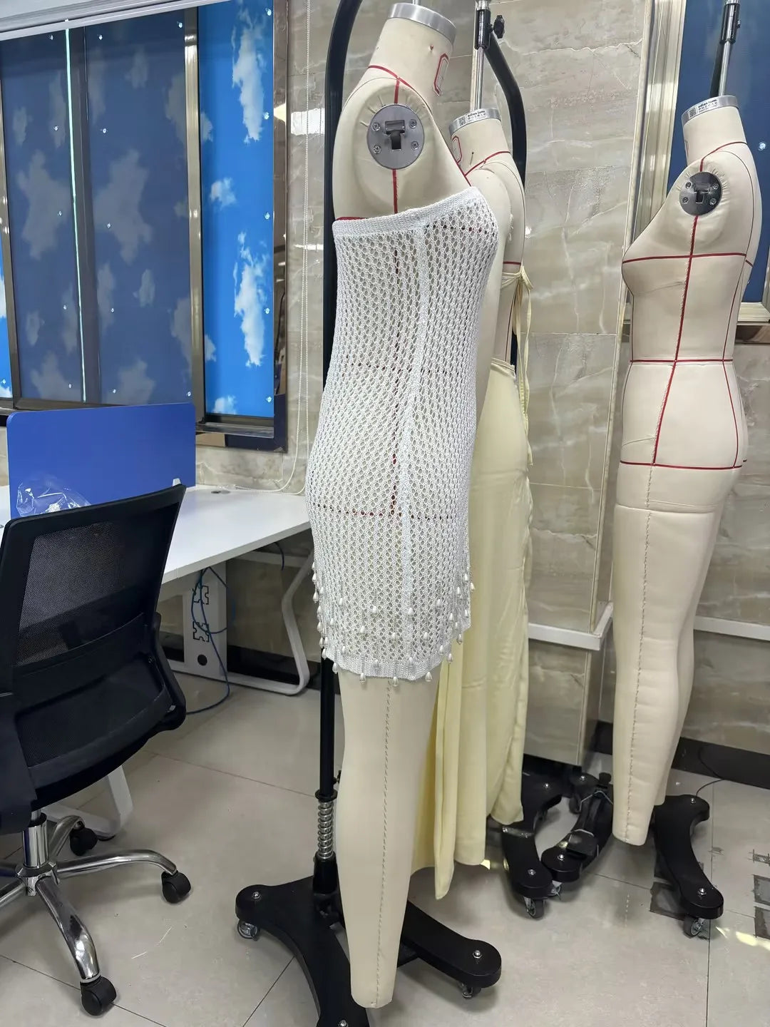 Combhasaki Women Crochet Slim Fit Hollow Out See-through Strapless Backless Short Mini Bodycon Knitted Dress with Pearl Tassels