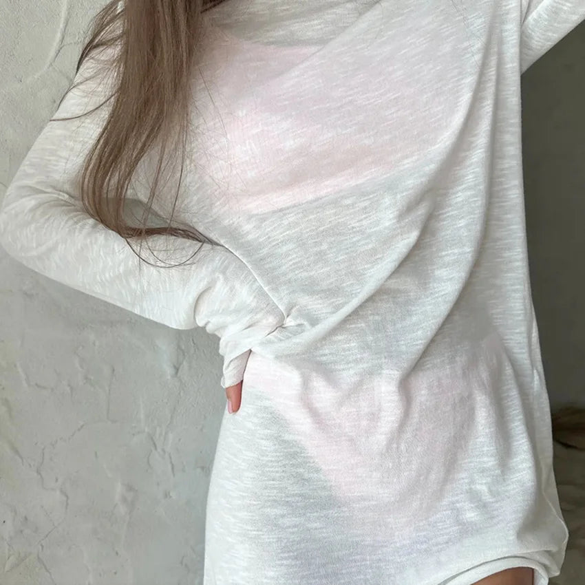 Hiloc 2025 Casual White Robe Female Spring Loose O Neck Night Dress Women Fashion Knitted Long Sleeve Sleepwear Woman Dresses