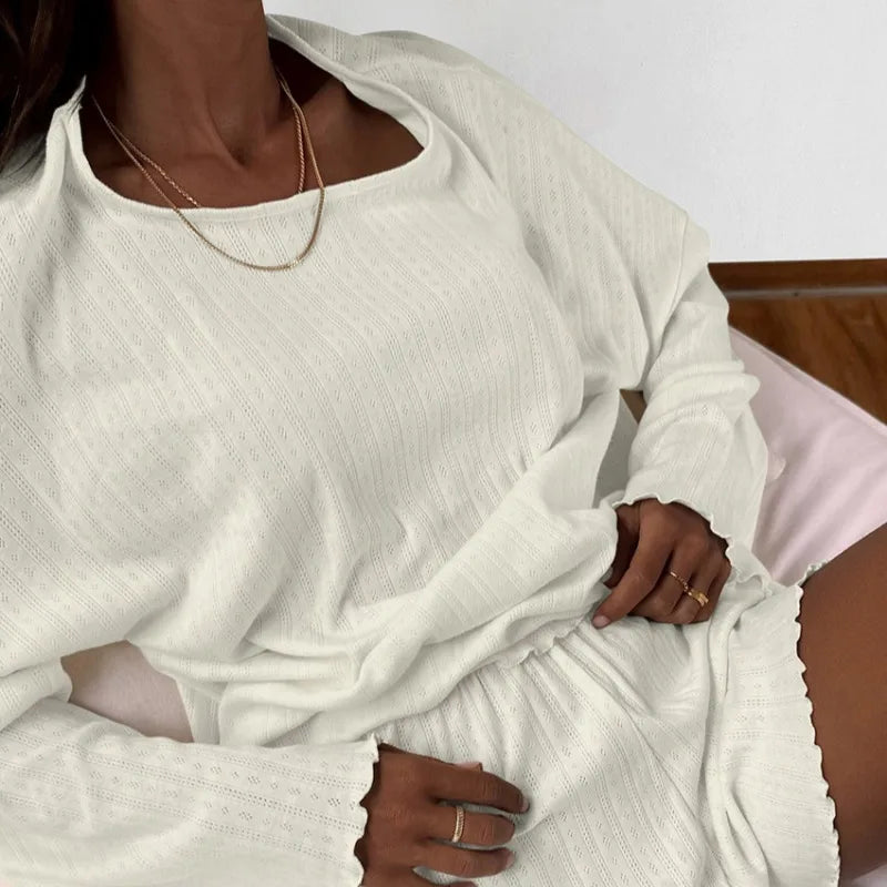 Women's Solid Pajamas Set Autumn Long Sleeve Top And Shorts Sleepwear 2 Piece Set For Women Casual Loose Breathe Homewear