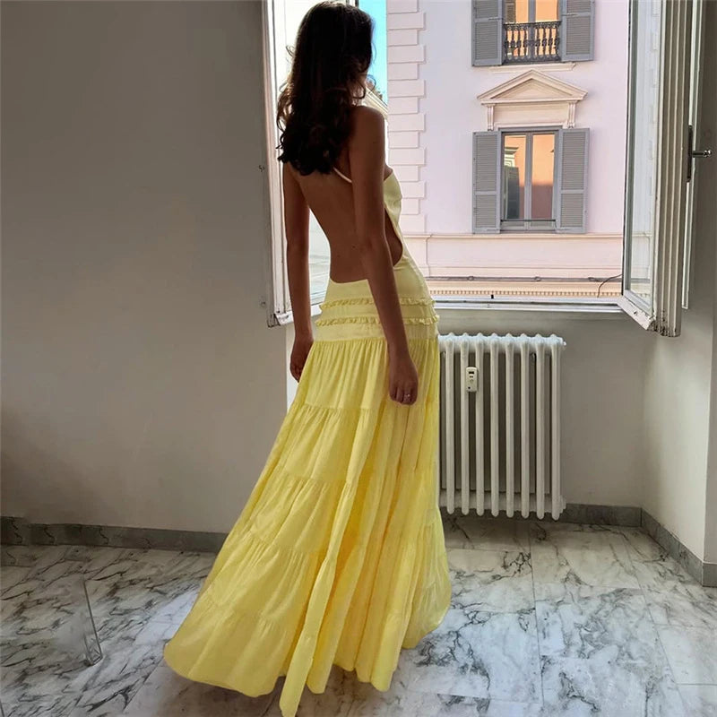 Sexy Suspender Sleeveless Backless Evening Dress Leisure Ruffles Spliced Long Dress Summer Leisure Vacation Solid Party Dresses