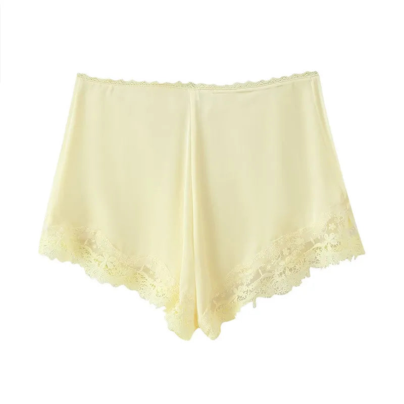 Women Yellow Patchwork Lace Shorts Suit Casual Off Shoulder Sleeveless Sling Top 2 Pieces Set Lady 2025 New Summer Daily Suits