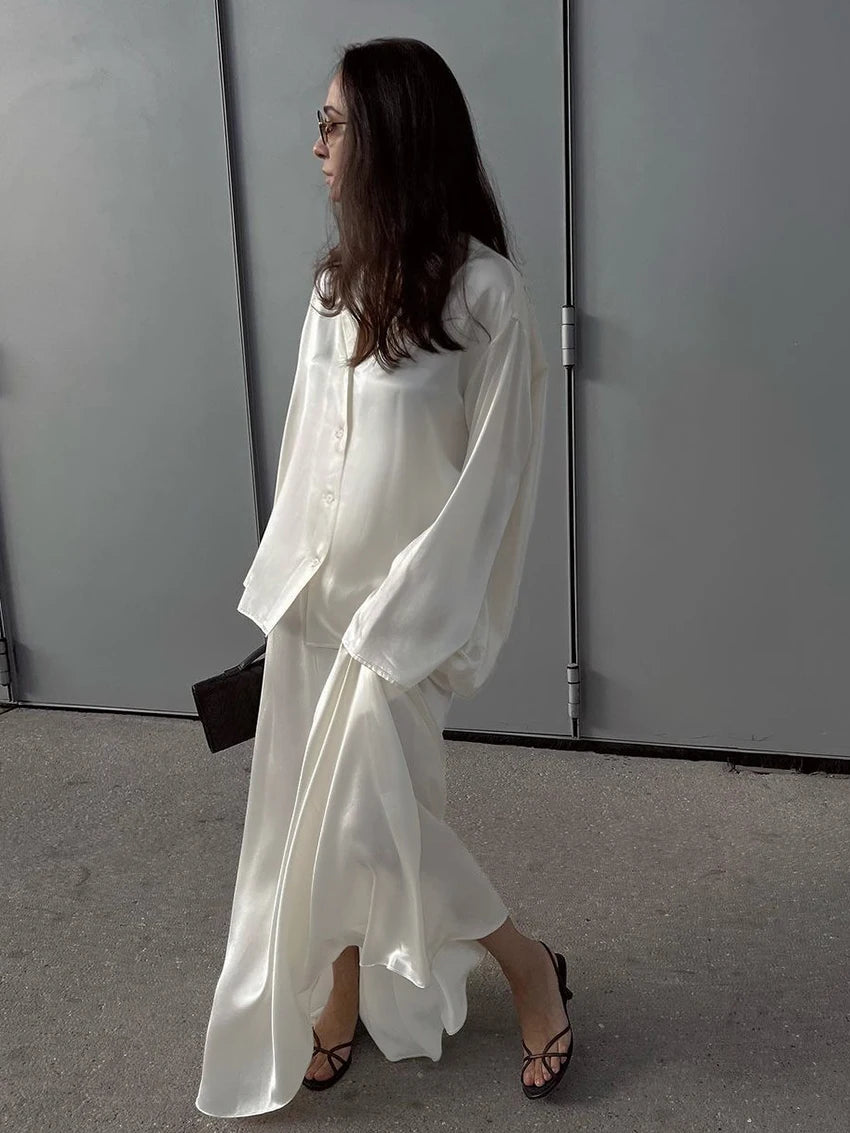 Marthaqiqi White Ladies Nightwear Set Turn-Down Collar Sleepwear Long Sleeve Nightgowns Long Skirt Fashion Female Pajamas Suits