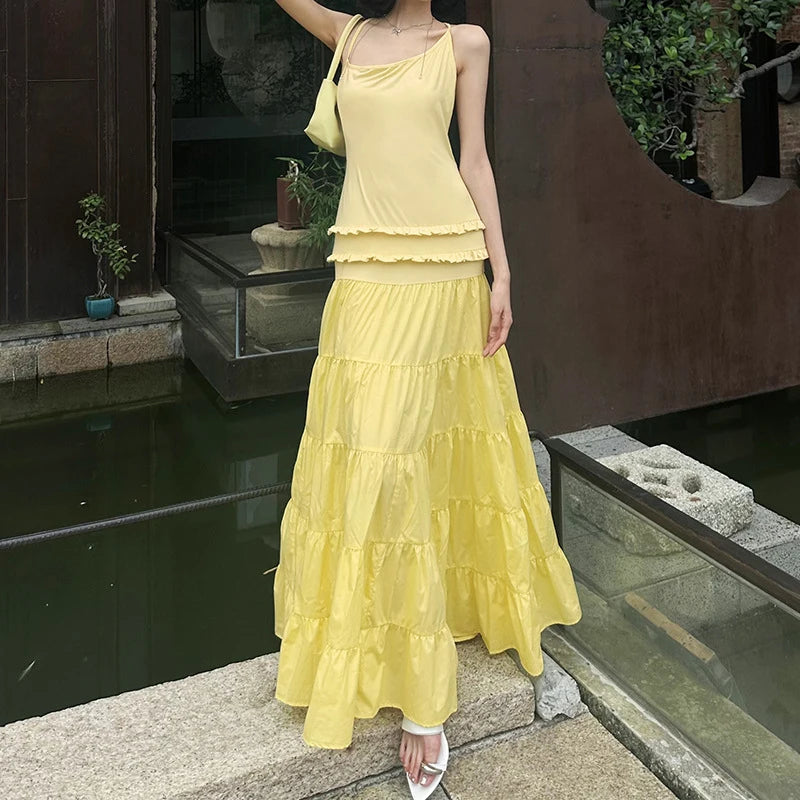 Sexy Suspender Sleeveless Backless Evening Dress Leisure Ruffles Spliced Long Dress Summer Leisure Vacation Solid Party Dresses