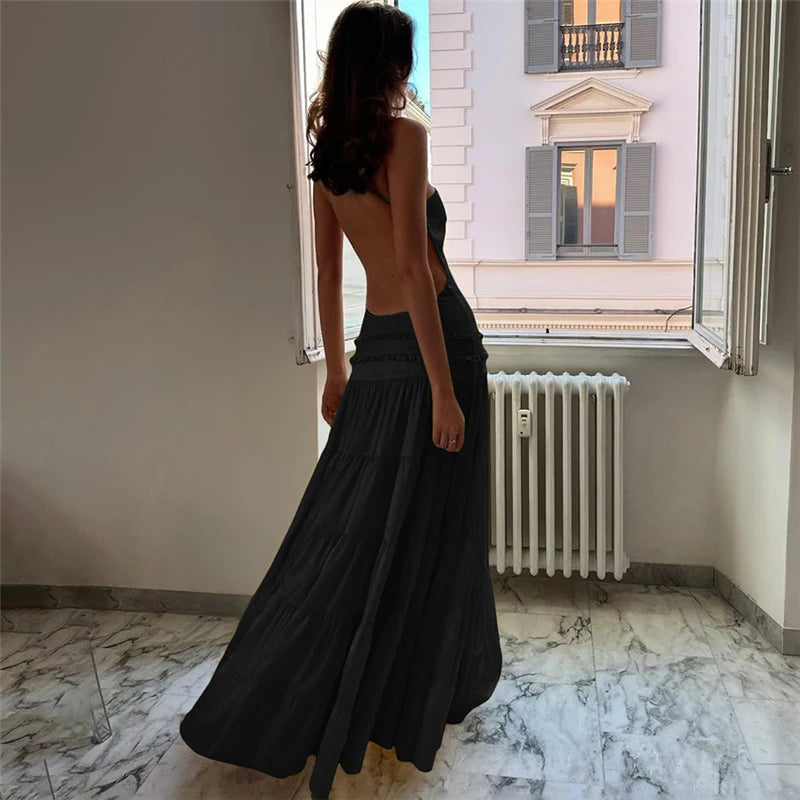 Sexy Suspender Sleeveless Backless Evening Dress Leisure Ruffles Spliced Long Dress Summer Leisure Vacation Solid Party Dresses