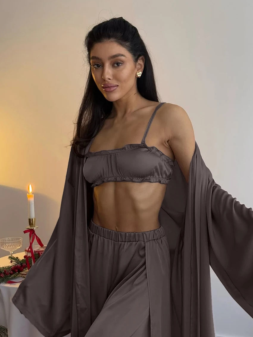 Marthaqiqi Casual Ladies Nightwear Suit Sexy V-Neck Robe Long Sleeve Nightgown Tank Top Sleepwear Pants Loose Pajama 3 Piece Set