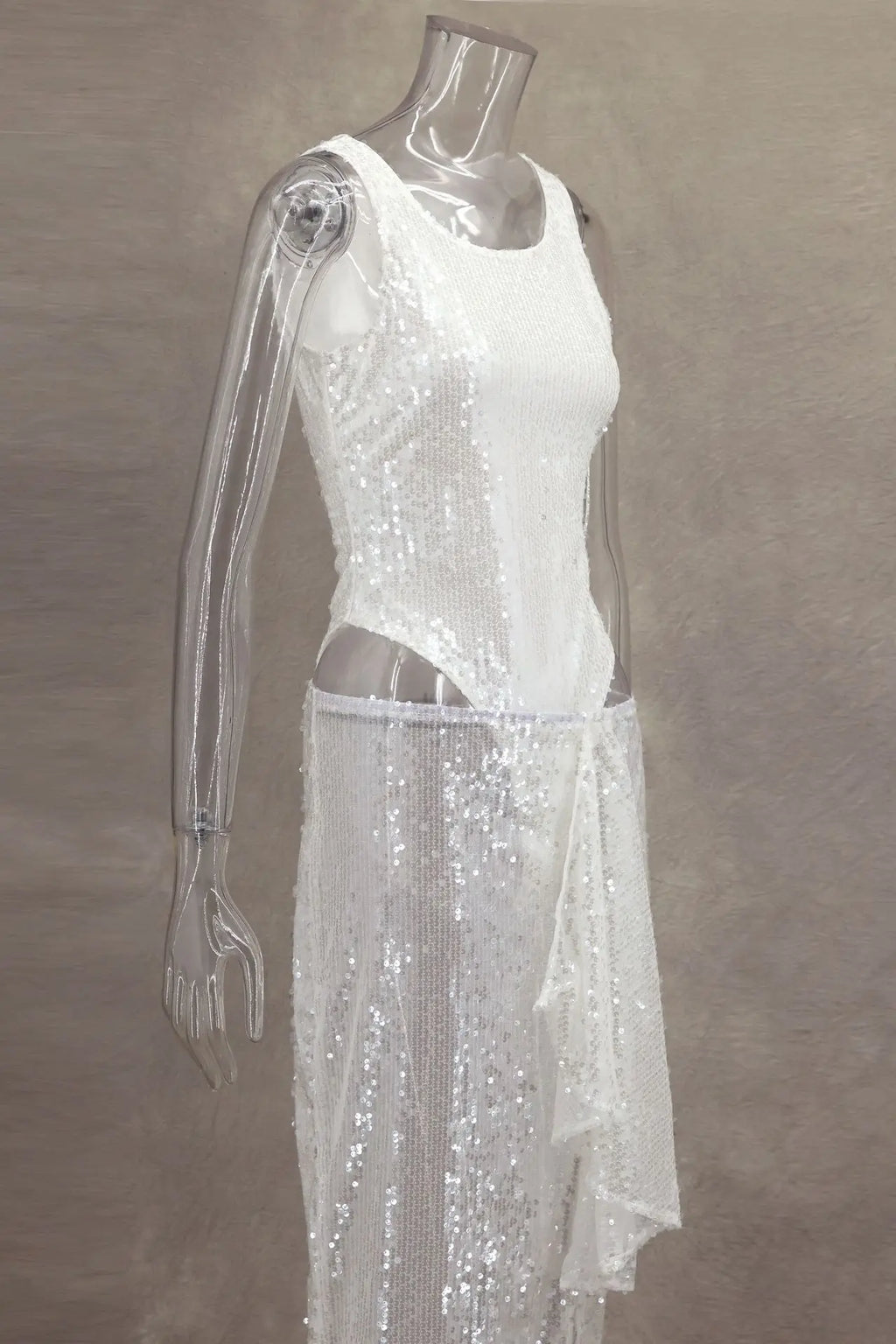 Women Sequined Jumpsuits Ruched Skirts Sets Sexy O-neck Sleeveless Bodysuit High Split Skirt 2 Piece Sets Holiday Beach Outfits