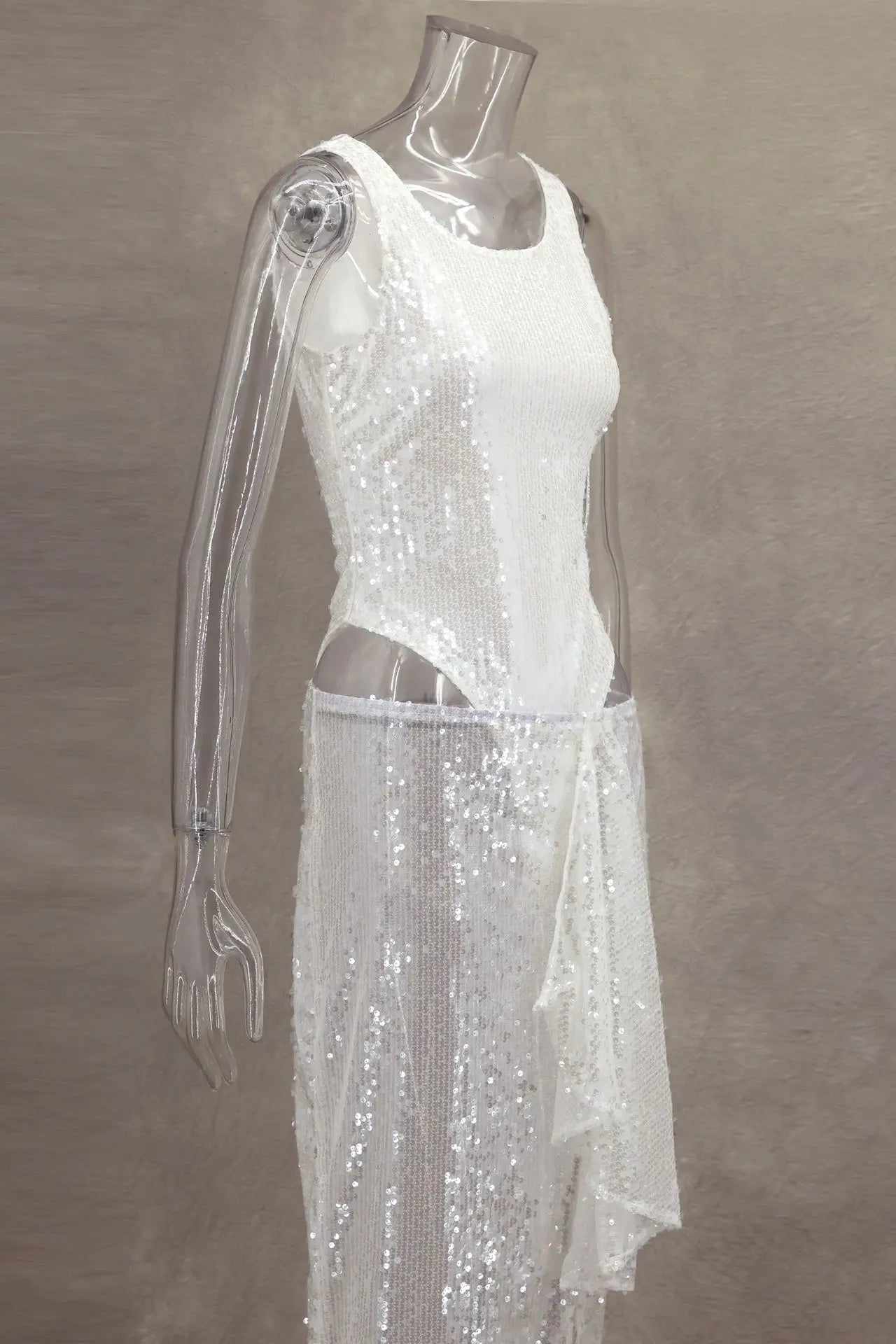 Women Sequined Jumpsuits Ruched Skirts Sets Sexy O-neck Sleeveless Bodysuit High Split Skirt 2 Piece Sets Holiday Beach Outfits