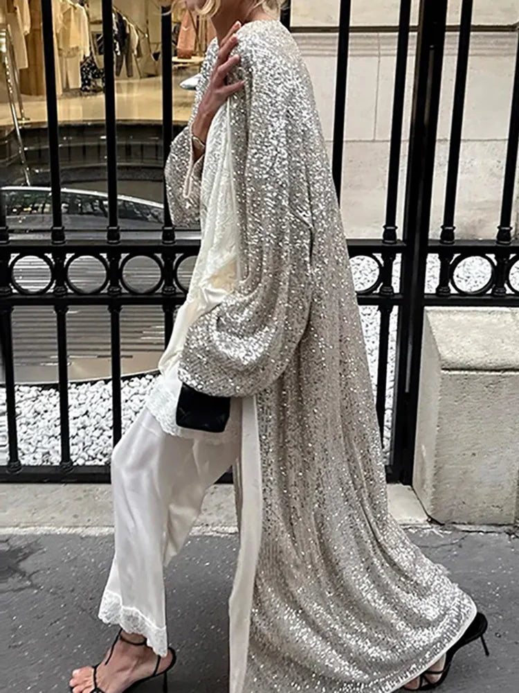 Fashion Sequined Long Sleeved Women's Cardigan Autumn Casual Streetwear Loose Jackets Ladies Temperament Solid Color Outerwear